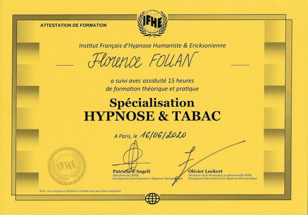 Attestation Formation Hypnose et Tabac Florence Fouan
