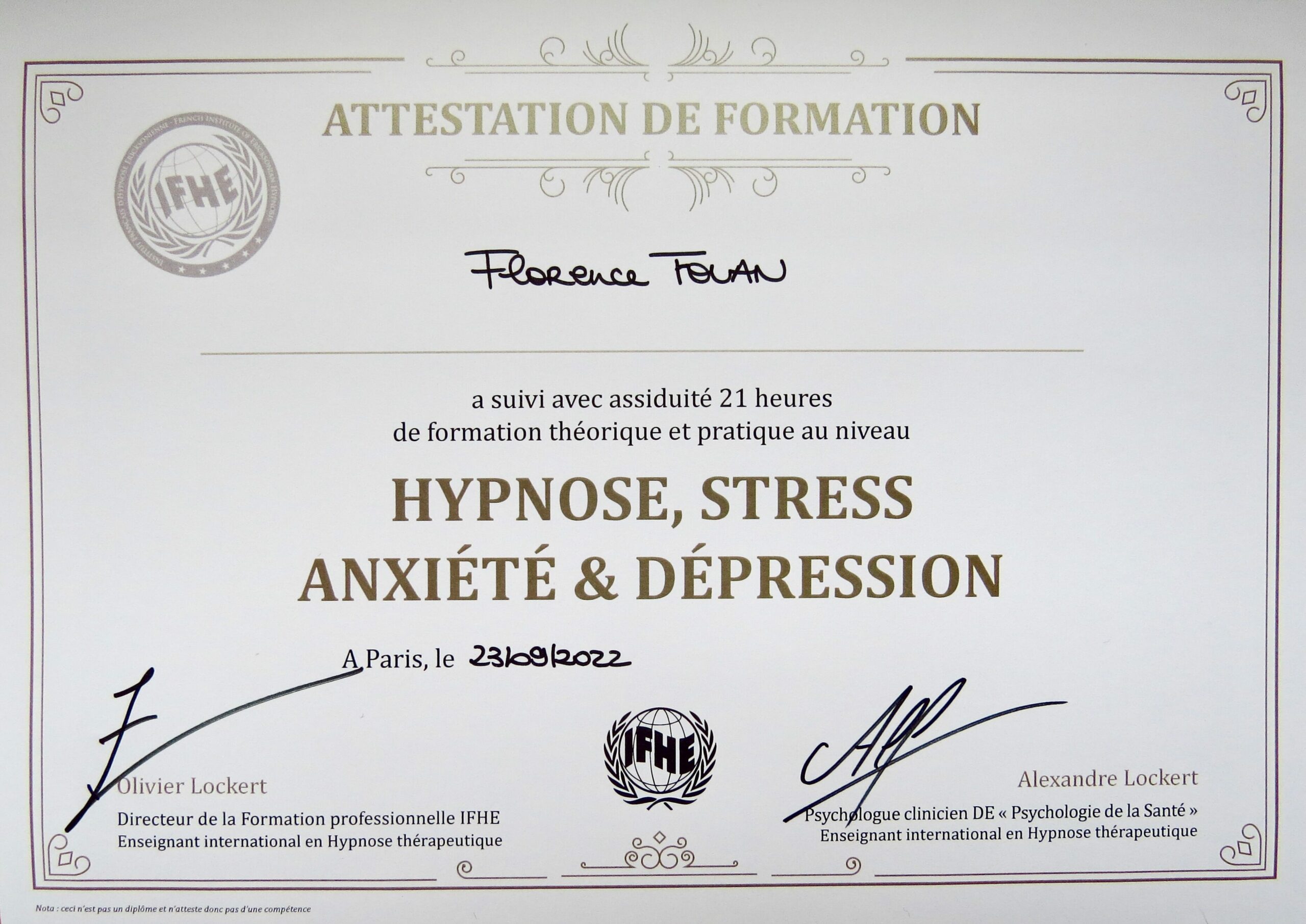 Attestation Formation Hypnose Stress Anxiété Dépression Florence Fouan