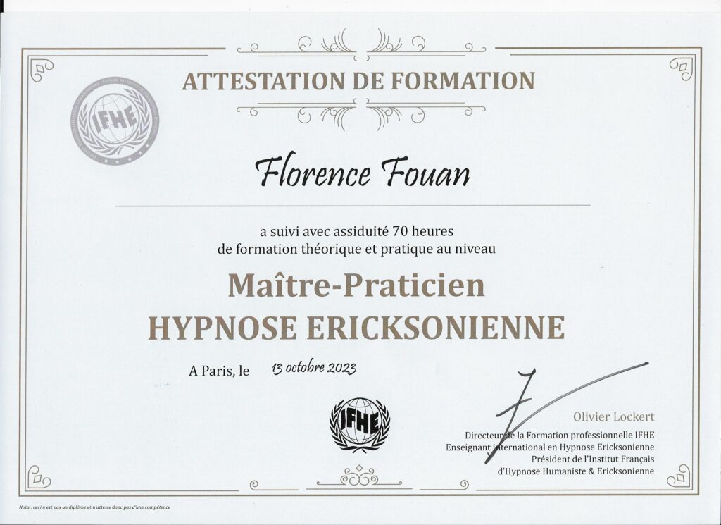 Attestation de formation Maître Praticien Hypnose Ericksonienne Florence Fouan